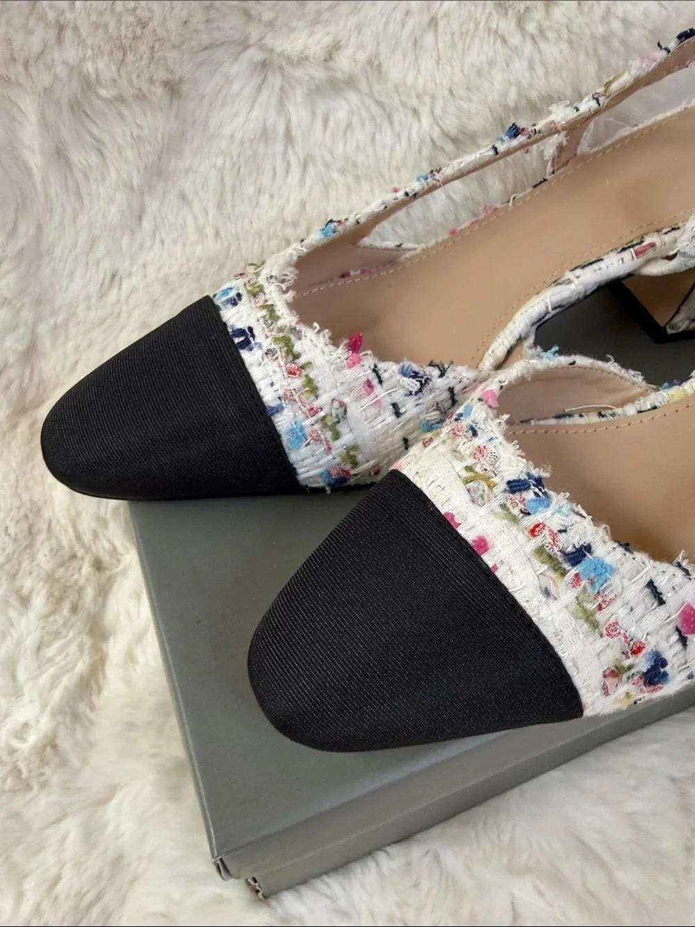 Amazon White Multicolor Tweed Slingback Heels with Black Cap Toe